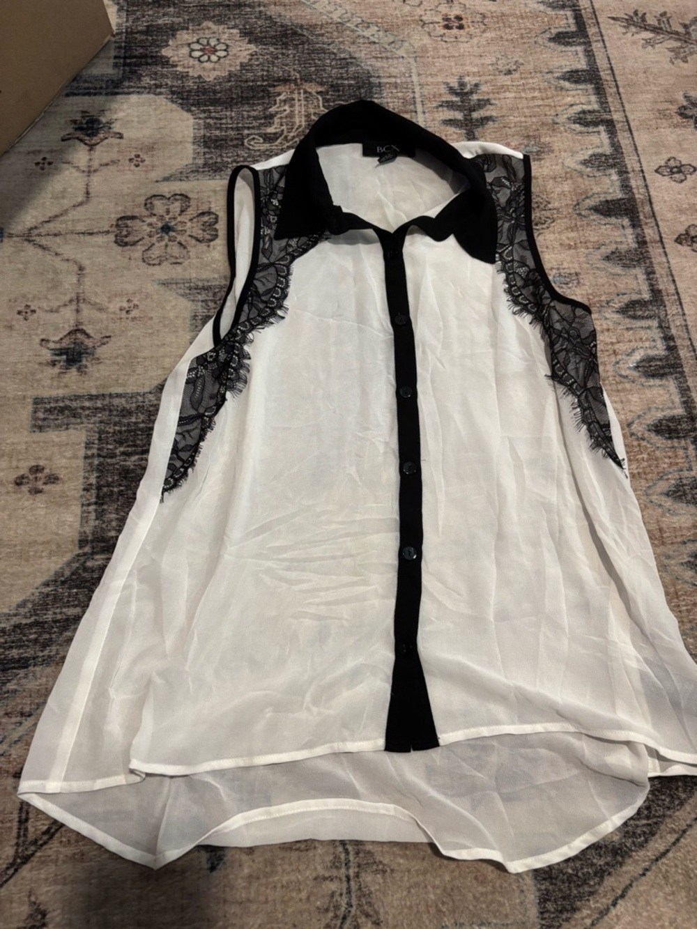 BCX White Sheer Lace-Trim Sleeveless Button-Front Top with Black Accents